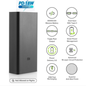 Chargeur Portable Haute Vtesse Xiaomi Mi 30 000 MAh – Distribution Intelligente De L’énergie – Double Entrée – Noir