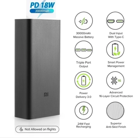 Chargeur Portable Haute Vtesse Xiaomi Mi 30 000 MAh - Distribution Intelligente De L'énergie - Double Entrée - Noir