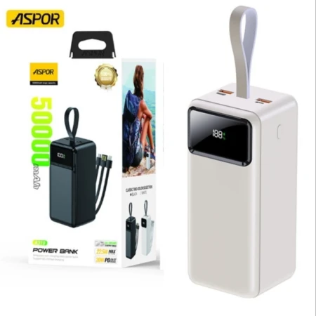 Pawer Bank Ultra-performante Aspor A319 – 50 000 MAh – Puissante - Charge Rapide – 22,5 W – 3 Câbles Intégrés – Multiport