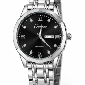 Montre-bracelet De Luxe Pour Homme – Cadran Noir – Bracelet En Métal Argenté – Affichage Du Jour Et De La Date