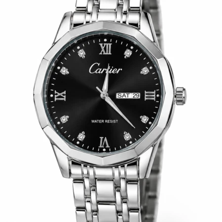 Montre-bracelet De Luxe Pour Homme - Cadran Noir - Bracelet En Métal Argenté - Affichage Du Jour Et De La Date