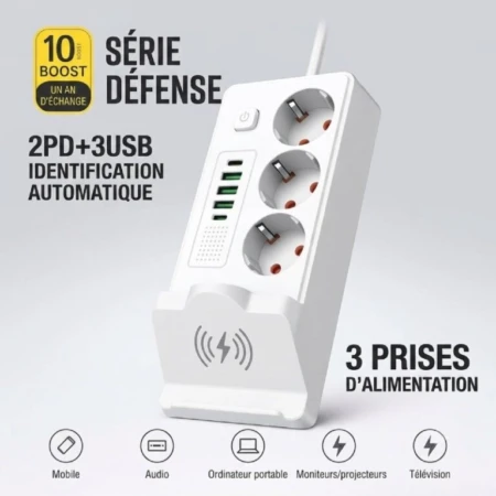 Multiprise 3P + 3USB + 2 TYPE-C - 2500W - Chargement Sans-Fil - Support Téléphone