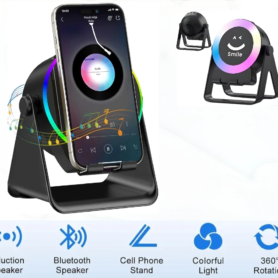 Haut-parleur Bluetooth 5-en-1 – Support Pour Smartphone – Rotation à 360° – Éclairage D’ambiance Coloré – Chargeur Sans Fil