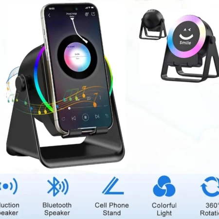 Haut-parleur Bluetooth 5-en-1 – Support Pour Smartphone – Rotation à 360° – Éclairage D'ambiance Coloré – Chargeur Sans Fil