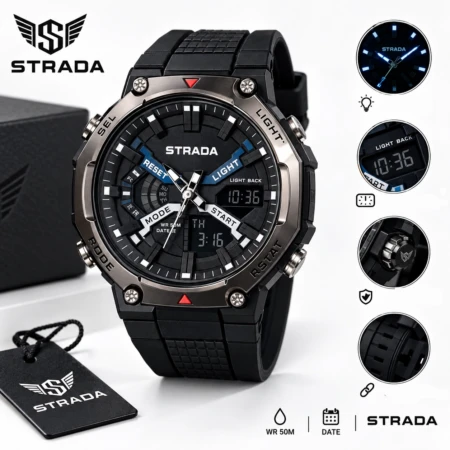 Montre STRADA – Sportive Hybride - Numérique et Analogique – Design Moderne et Robuste – Rétroéclairage – Résistante à L'eau