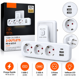 Multiprise avec 3 prises, 2 ports USB-A et 1 port USB-C 