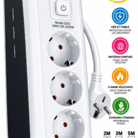 Multiprise Électrique à 3 Sorties – Puissance 2500 W – Interrupteur Marche/Arrêt – Résistant à La Chaleur et Au Feu