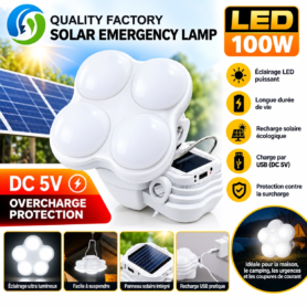 Lampe De Secours Solaire LED 100 W – Pliable – Recharge USB et Protection Contre La Surcharge