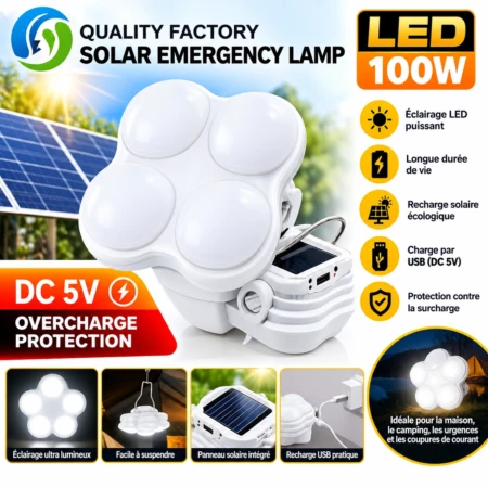 Lampe De Secours Solaire LED 100 W – Pliable - Recharge USB et Protection Contre La Surcharge