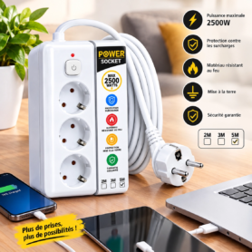 Multiprise Électrique POWER SOCKET à 3 Prises – Puissance Maximale De 2500 W