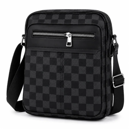 Sac Bandoulière Élégant Pour Homme À Motif À Carreaux – Multiples Poches Et Bandoulière Réglable - Noir