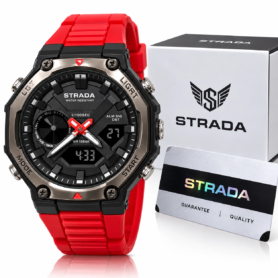 Montre STRADA – Sportive Hybride – Numérique et Analogique – Design Moderne et Robuste – Rétroéclairage – Résistante à L’eau – Rouge