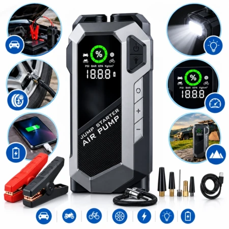 Booster De Démarrage Voiture 4 en 1 – Compresseur D'air – Batterie Externe – Lampe LED – 12 V