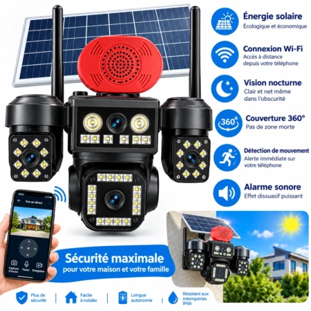 Caméra De Surveillance Bewinner à Trois Objectifs – WiFi – Angle De Vue à 360° et Résolution HD 1080p – Technologie De Détection De Mouvement (PIR)