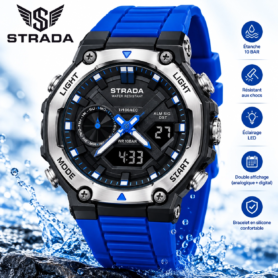 Montre STRADA – Sportive Hybride – Numérique et Analogique – Design Moderne et Robuste – Rétroéclairage – Résistante à L’eau – Bleu