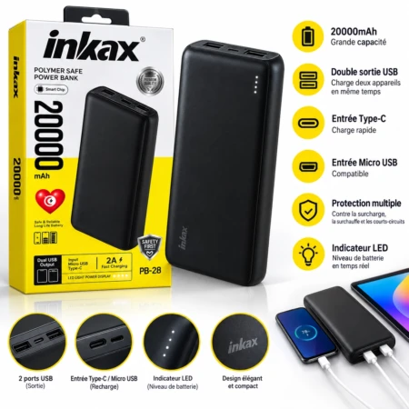 Power Bank Inkax PB-08 - 20 000 MAh - Noir